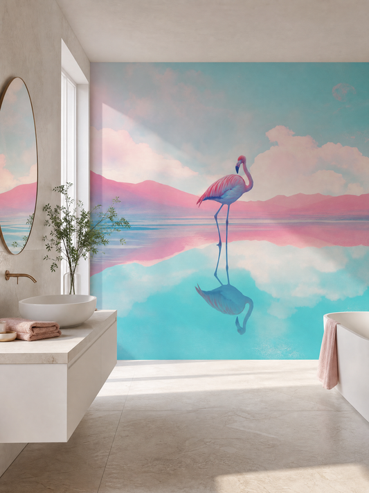 Papier peint flamant rose et montagne collage