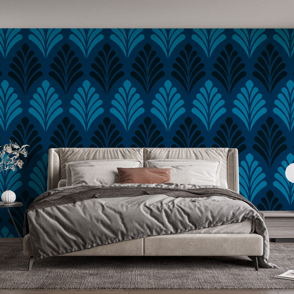 Papier peint art déco feuilles bleu et noir