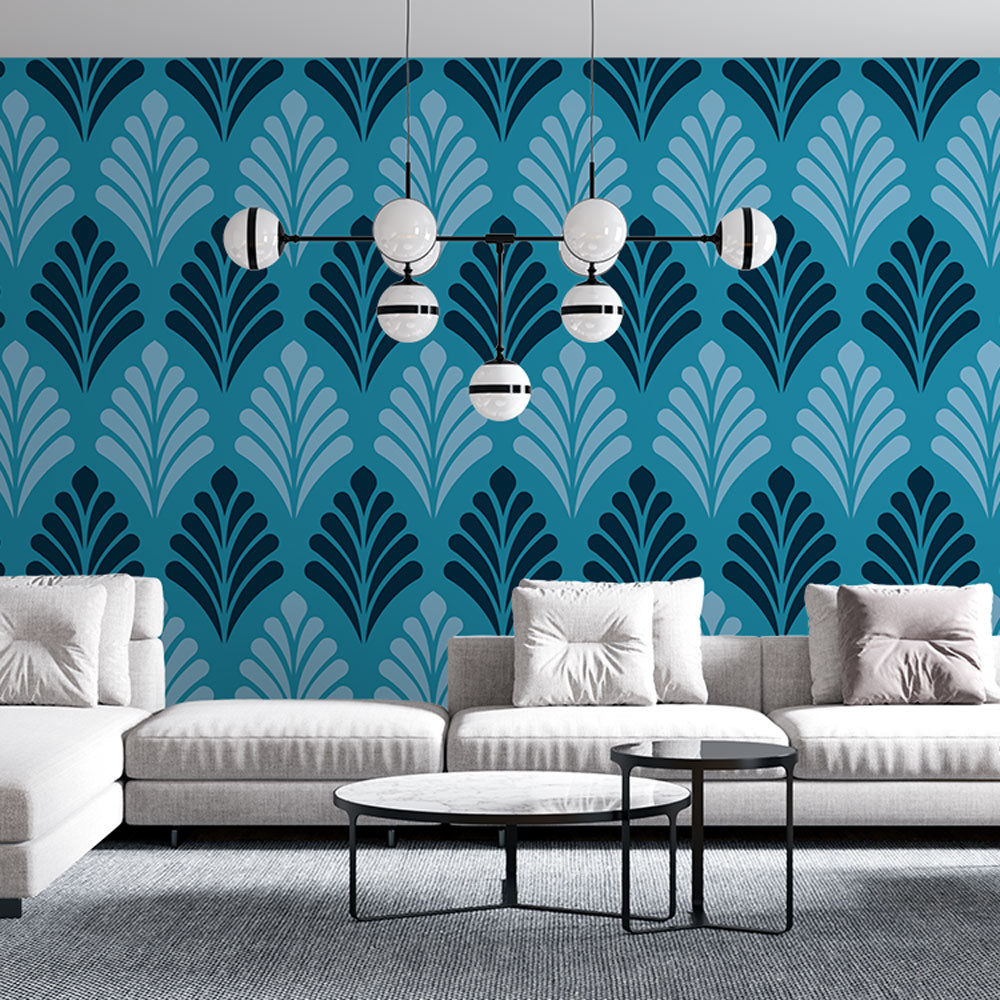 Papier peint art déco floral bleu