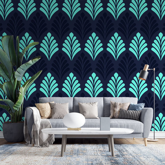 Papier peint art déco feuilles bleu turquoise