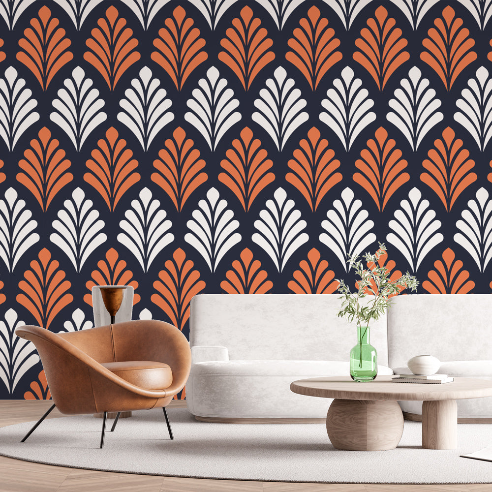 Papier peint art déco géométrique orange et noir