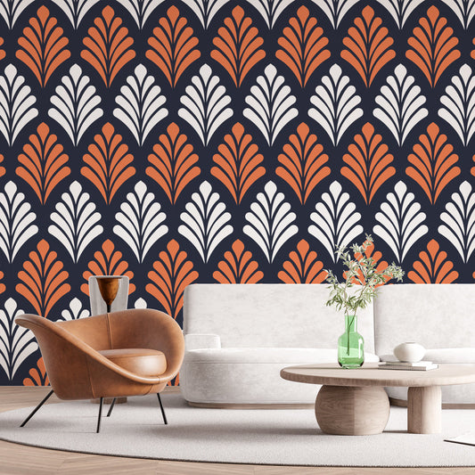 Papier peint art déco géométrique orange et noir