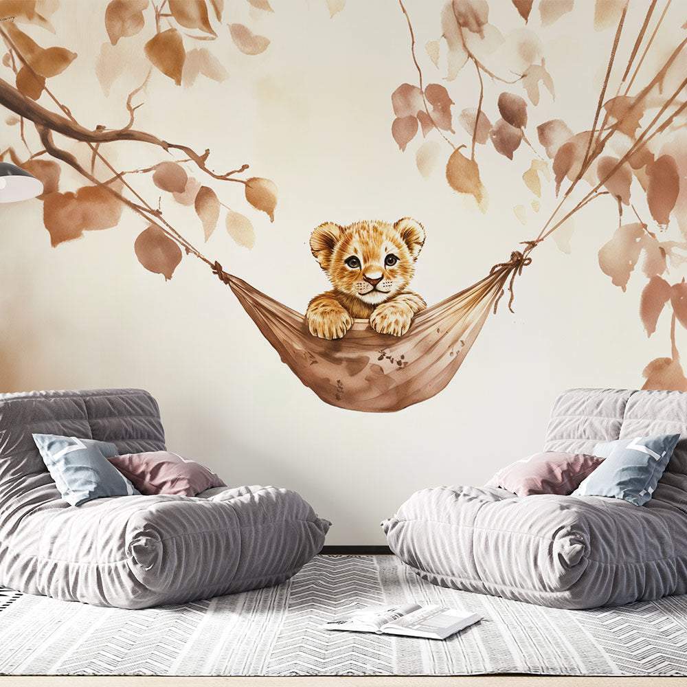 Papier peint lionceau bébé lion dans un hamac