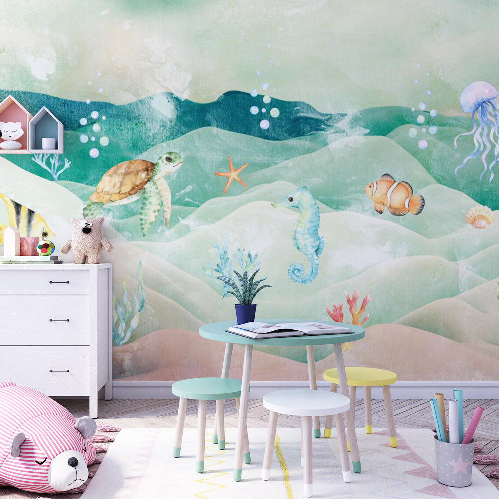 Papier peint chambre bébé poissons et fond marin
