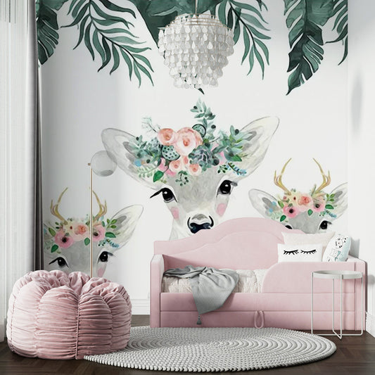 Papier peint chambre enfant biches et fleurs