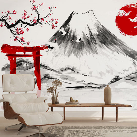 Papier peint japonais cerisier et mont Fuji rouge
