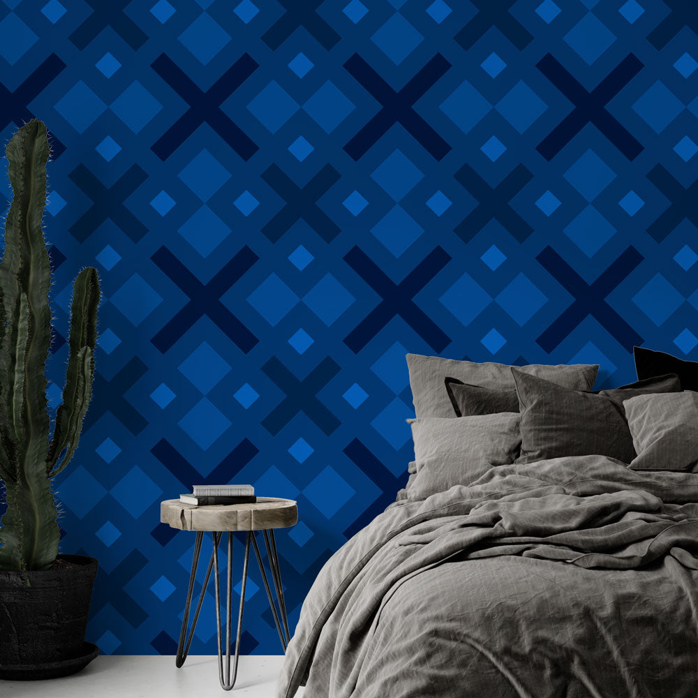Papier peint géométrique motif X bleu