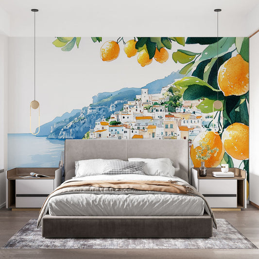 Papier peint méditerranéen citrons et village