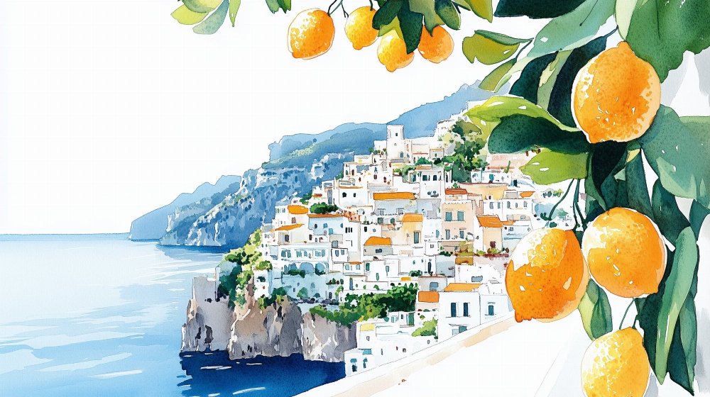Papier peint méditerranéen citrons et village