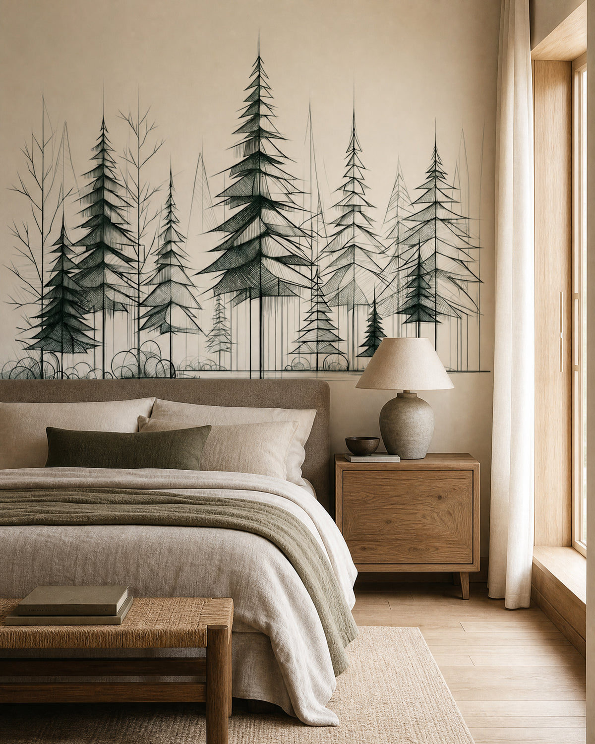 Papier peint arbre forêt de sapins noir et blanc