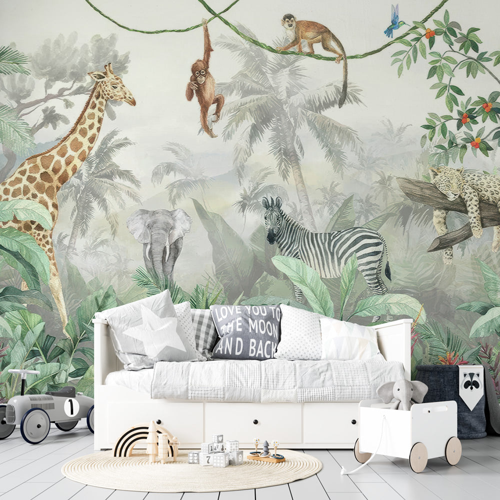 Papier peint jungle enfant girafe singe éléphant