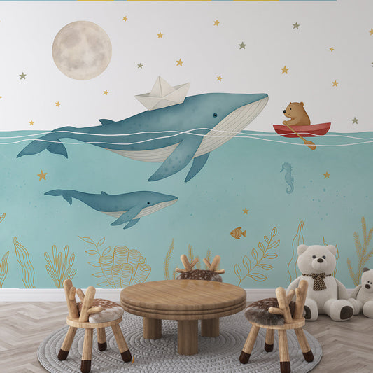 Papier peint animaux marins baleines et oursons