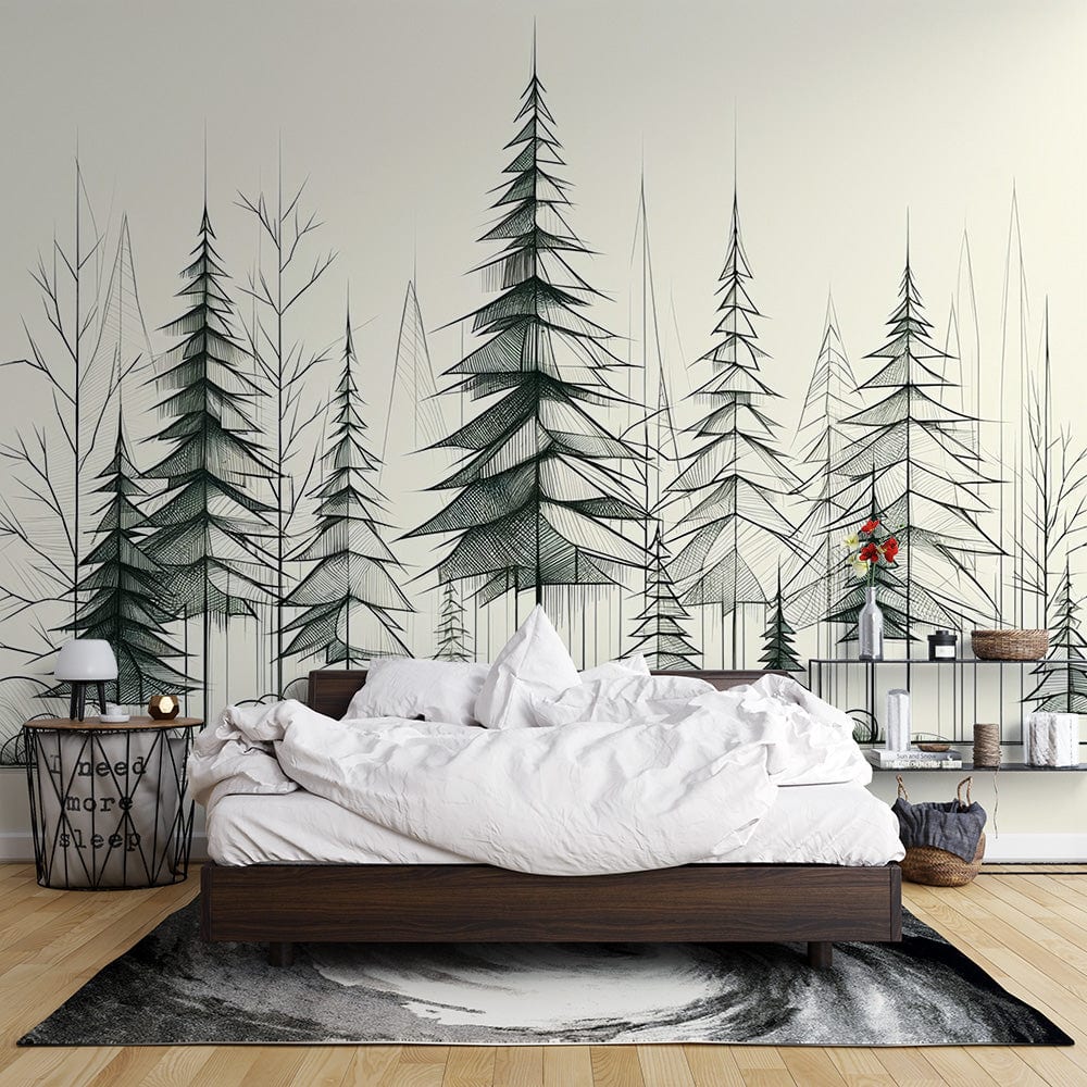 Papier peint arbre forêt de sapins noir et blanc