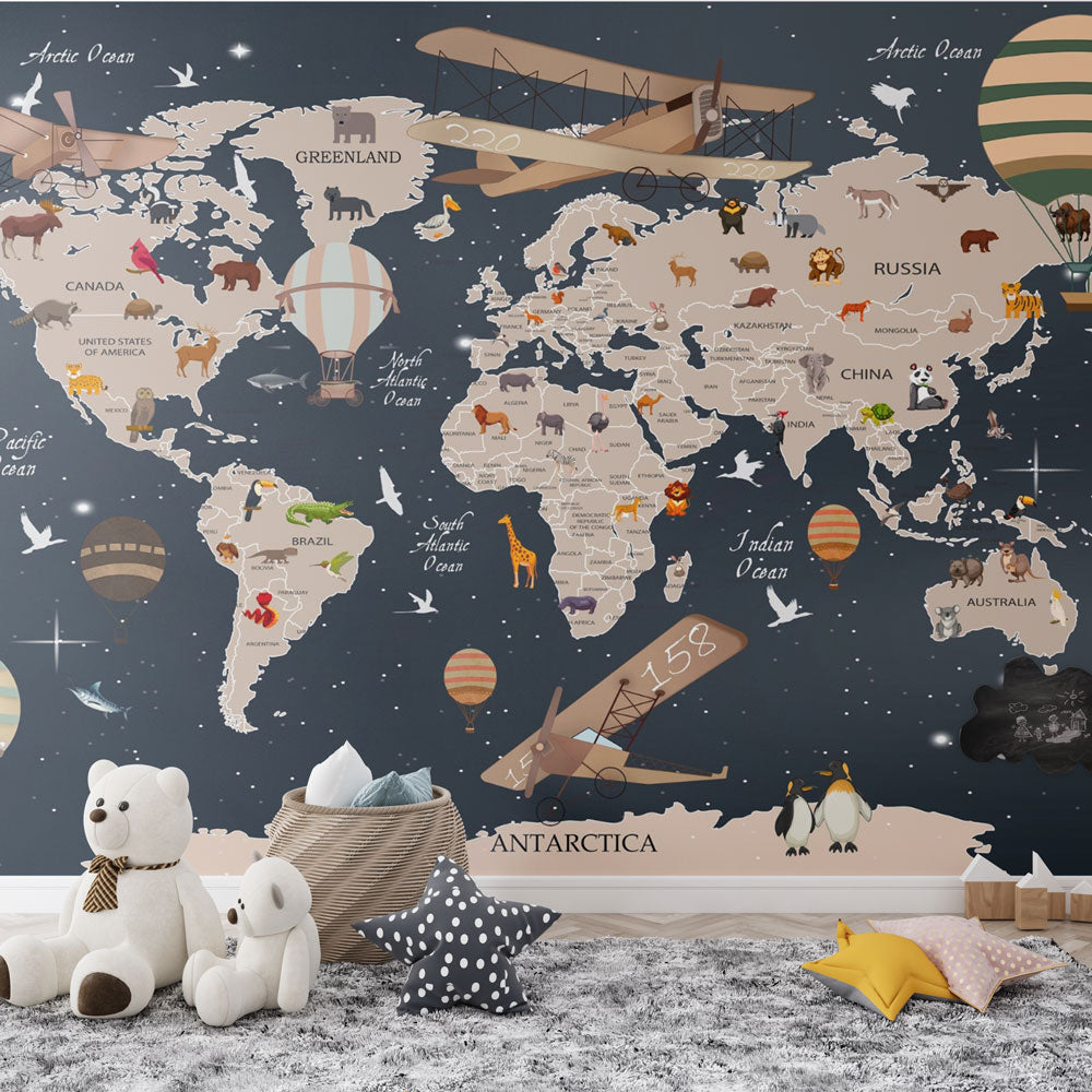 Papier peint carte du monde animaux bleu nuit