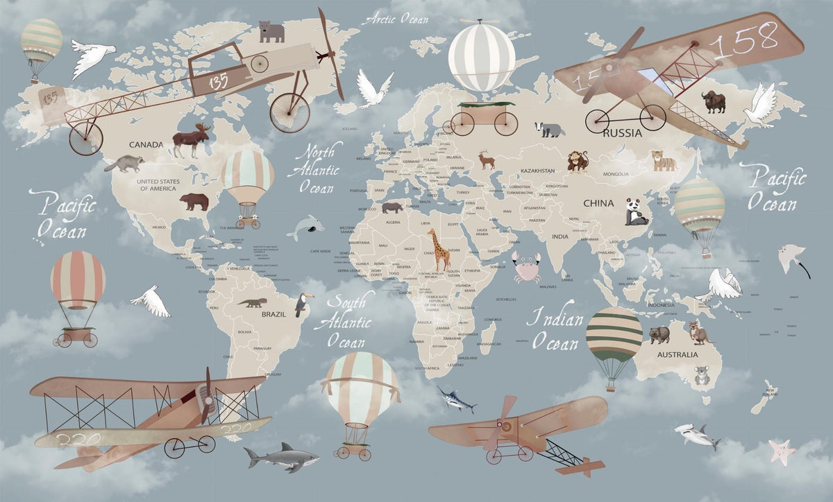 Papier peint carte du monde montgolfières