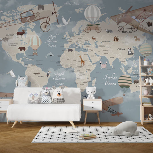 Papier peint carte du monde montgolfières