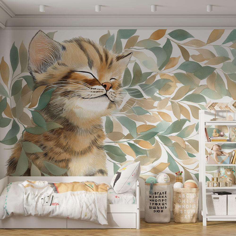 Papier peint chat et feuillage chambre enfant