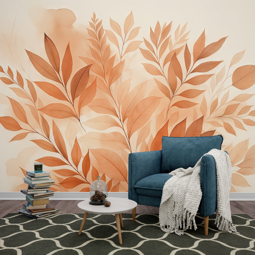 Papier peint feuillage aquarelle terracotta