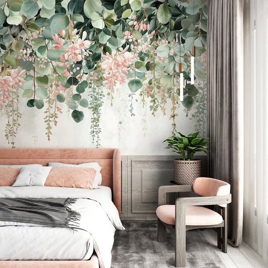 Papier peint feuillage floral rose et vert