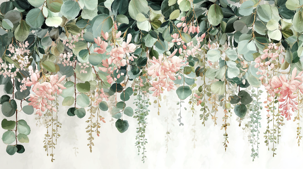 Papier peint feuillage floral rose et vert