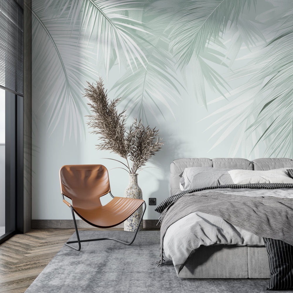 Papier peint feuilles de palmier monochrome vert