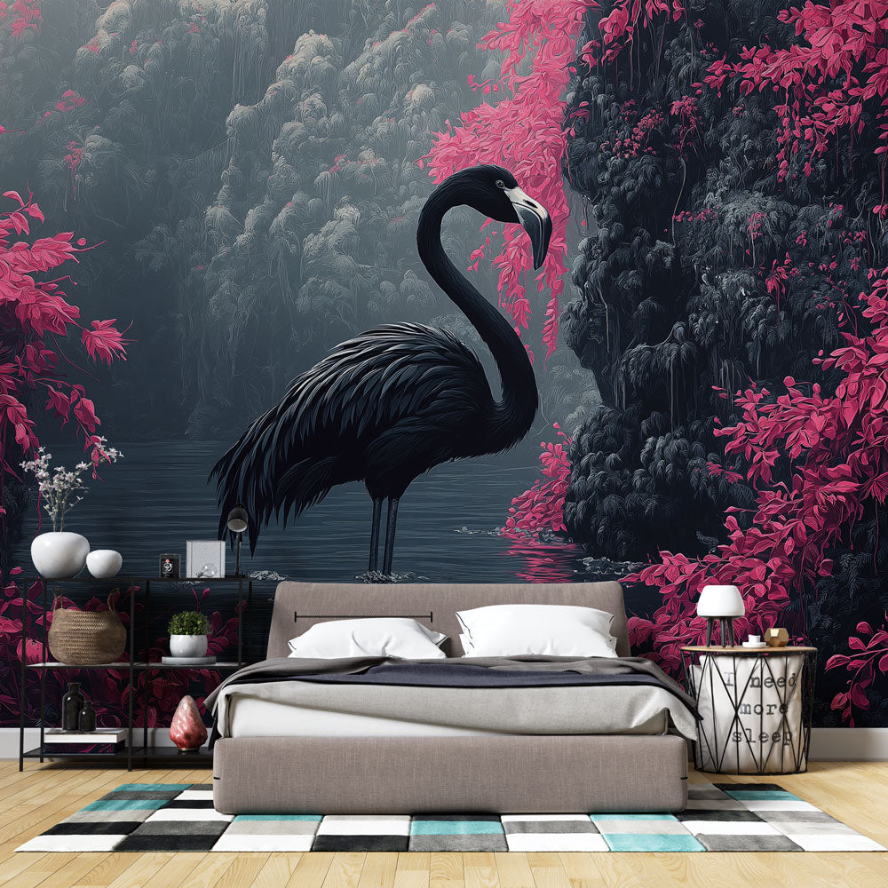 Papier peint flamant noir tropical
