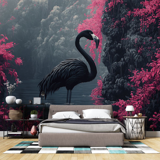 Papier peint flamant noir tropical
