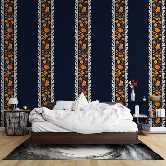 Papier peint floral rayures fleurs orange bleu nuit