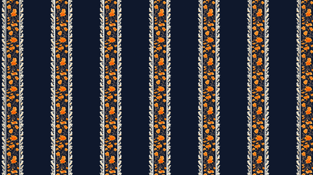 Papier peint floral rayures fleurs orange bleu nuit