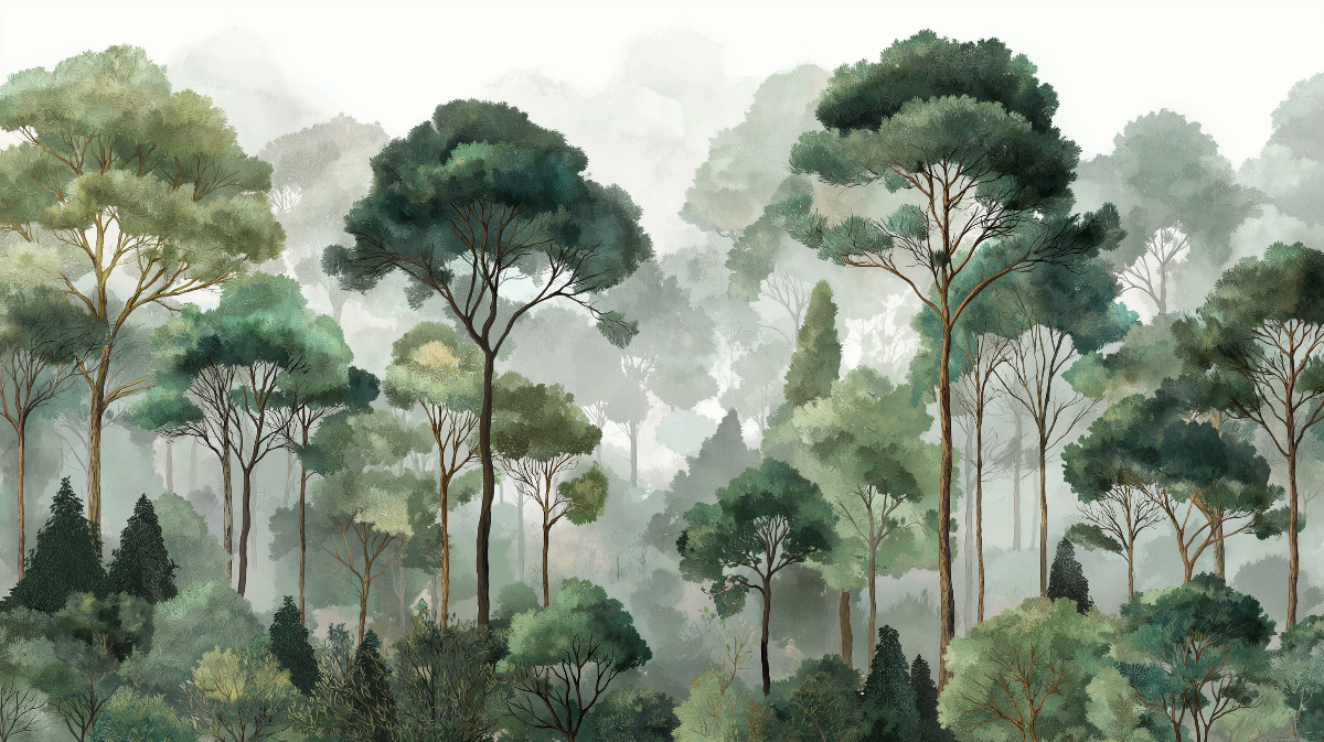 Papier peint forêt brumeuse arbres luxuriants