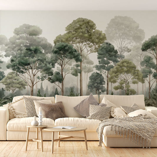 Papier peint forêt brumeuse et feuillage