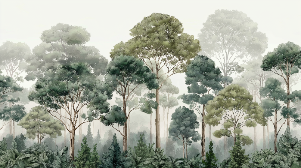 Papier peint forêt brumeuse et feuillage