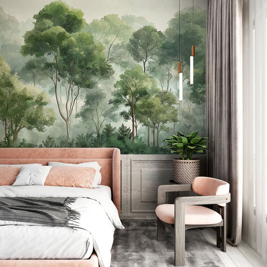 Papier peint forêt verdoyante arbres majestueux