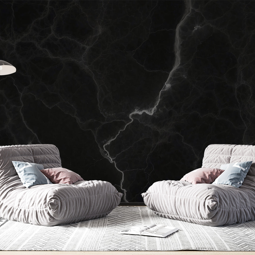 Papier peint marbre noir veiné blanc