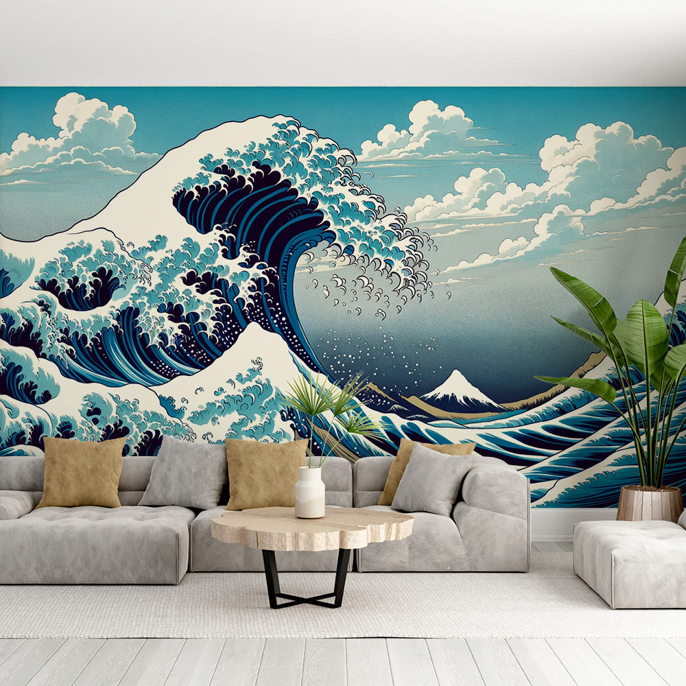 Papier peint vague japonaise bleue