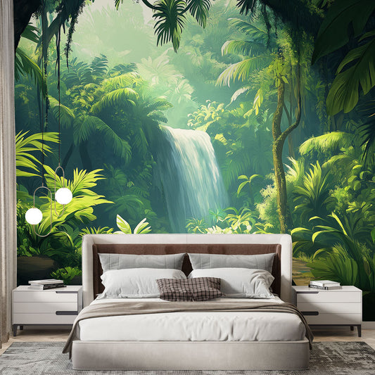 Papier peint jungle cascade et feuillage luxuriant