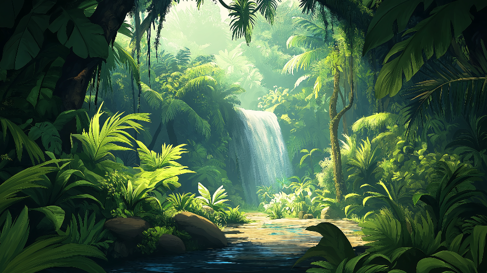 Papier peint jungle cascade et feuillage luxuriant