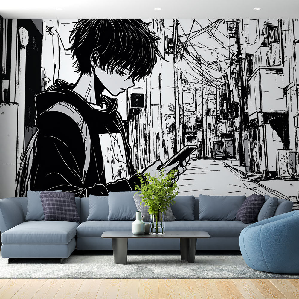Papier peint manga rue urbaine noir et blanc