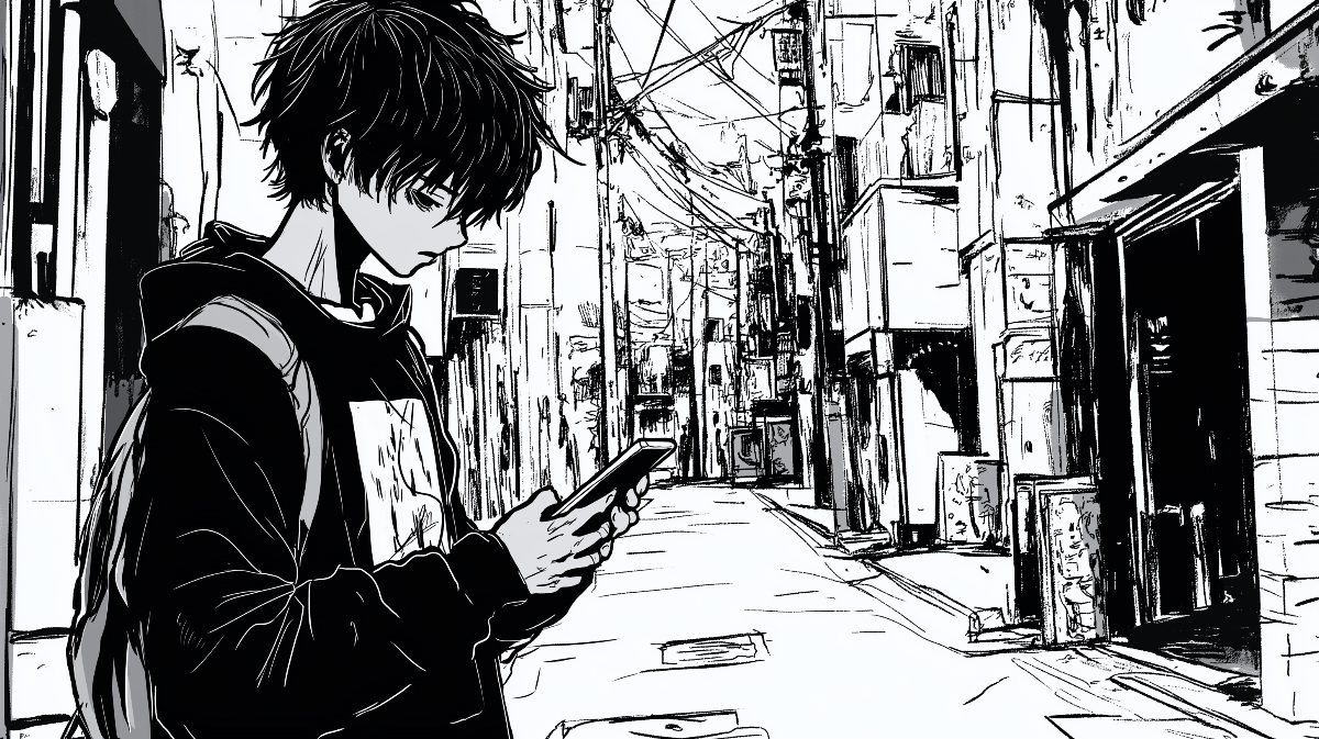 Papier peint manga rue urbaine noir et blanc