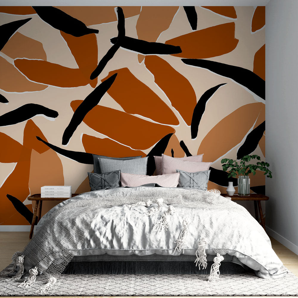 Papier peint abstrait feuilles et formes terracotta