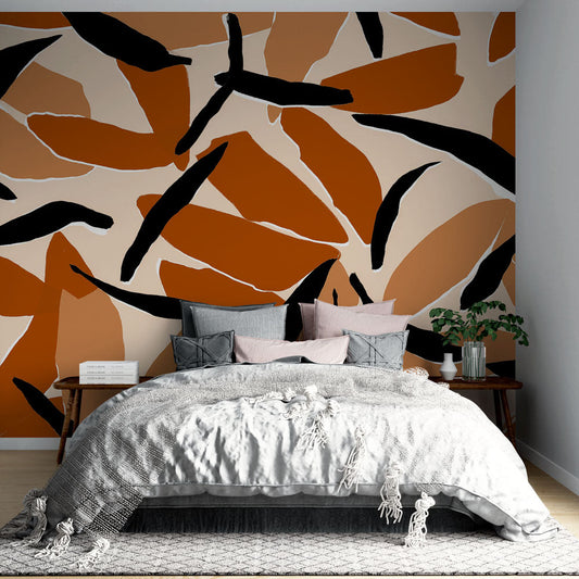 Papier peint abstrait feuilles et formes terracotta