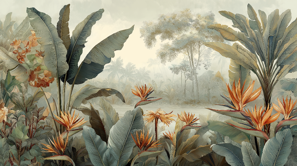 Papier peint tropical fleurs exotiques