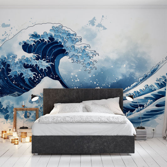 Papier peint vague japonaise bleu et blanc
