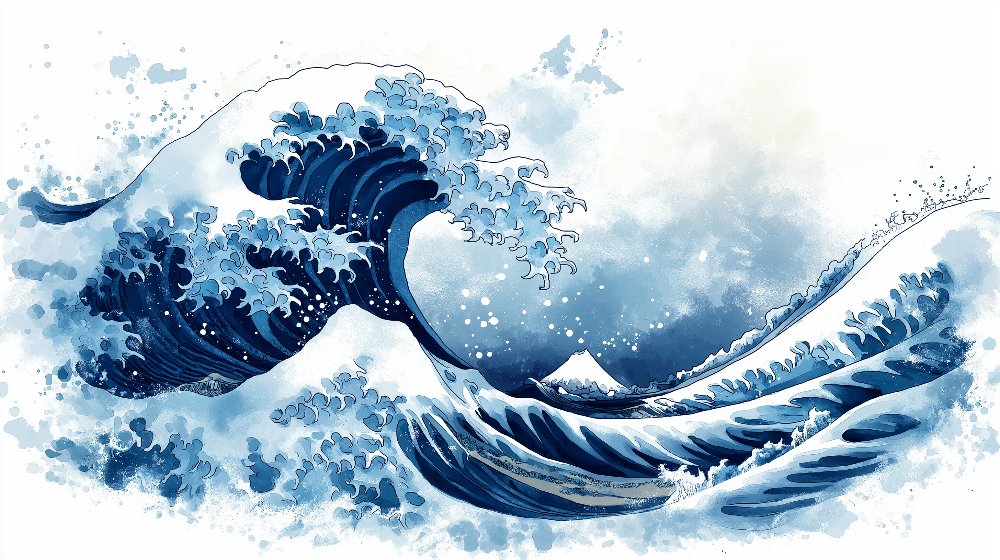 Papier peint vague japonaise bleu et blanc