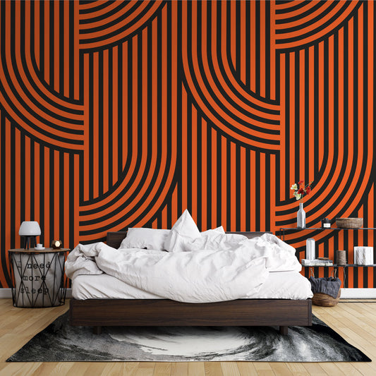 Papier peint rayures noires et orange géométrique