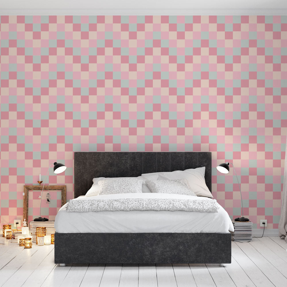Papier peint carreaux pastel rose