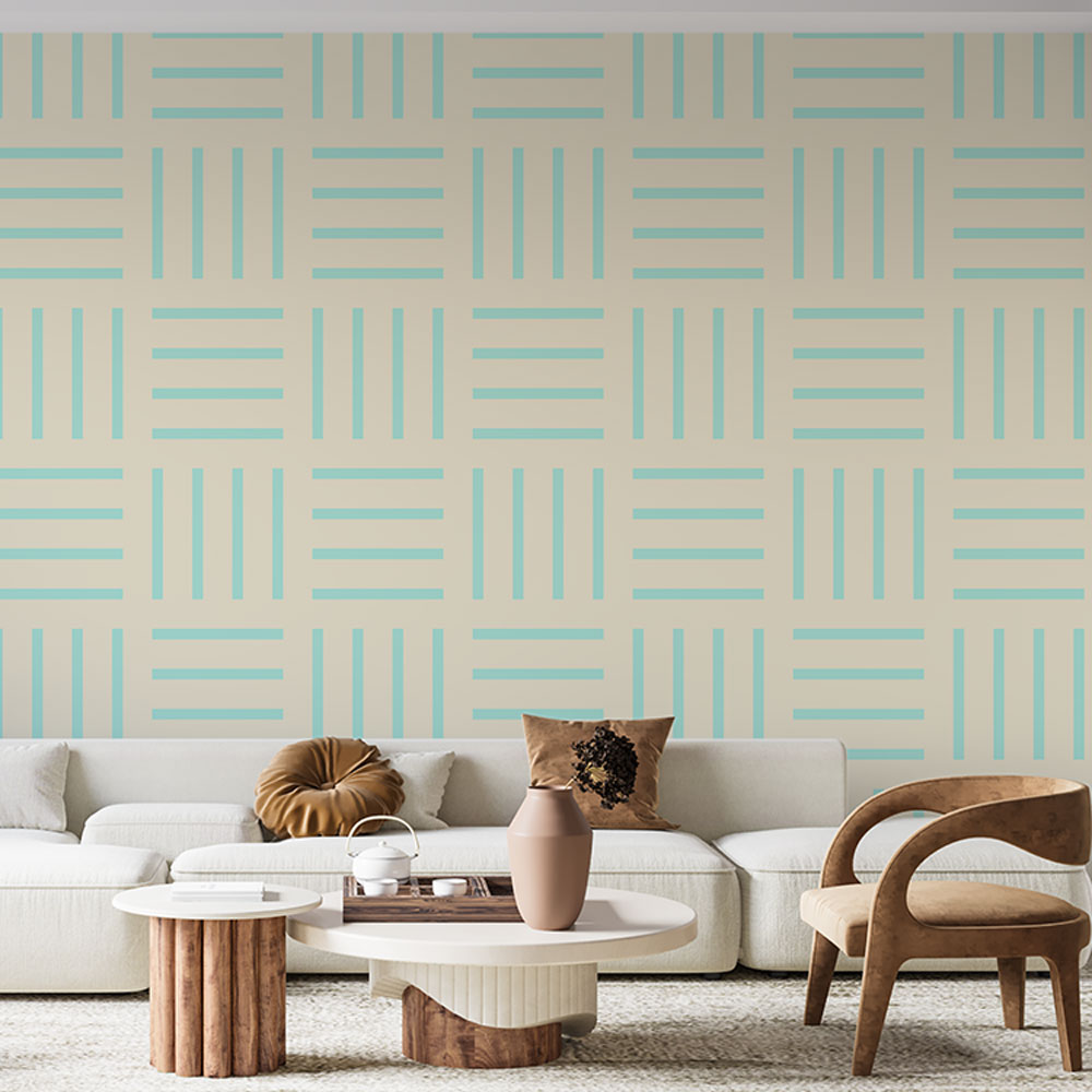 Papier peint rayures turquoise et crème