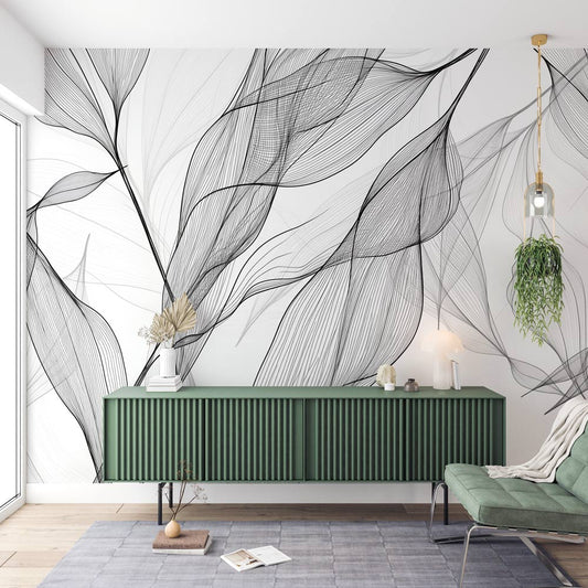 Papier peint feuillage abstrait noir et blanc