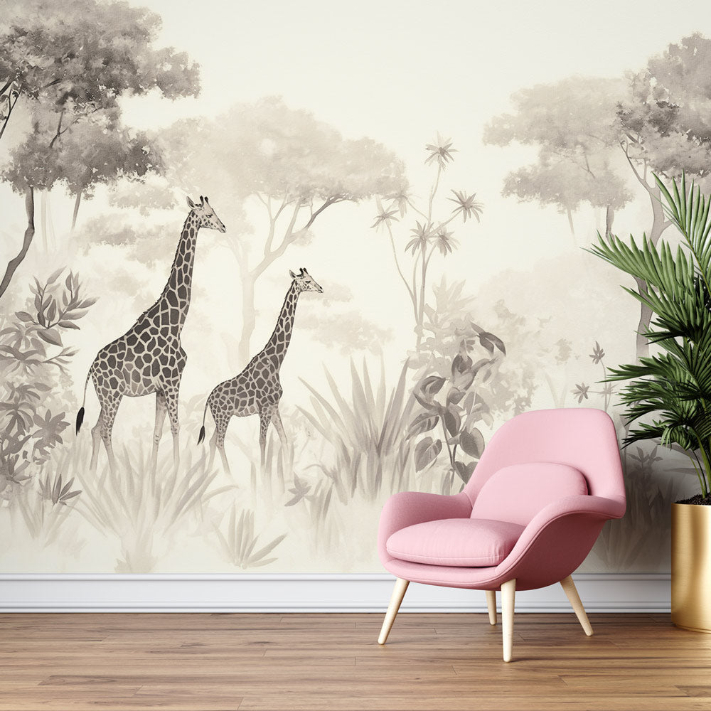 Papier peint girafe savane noir et blanc