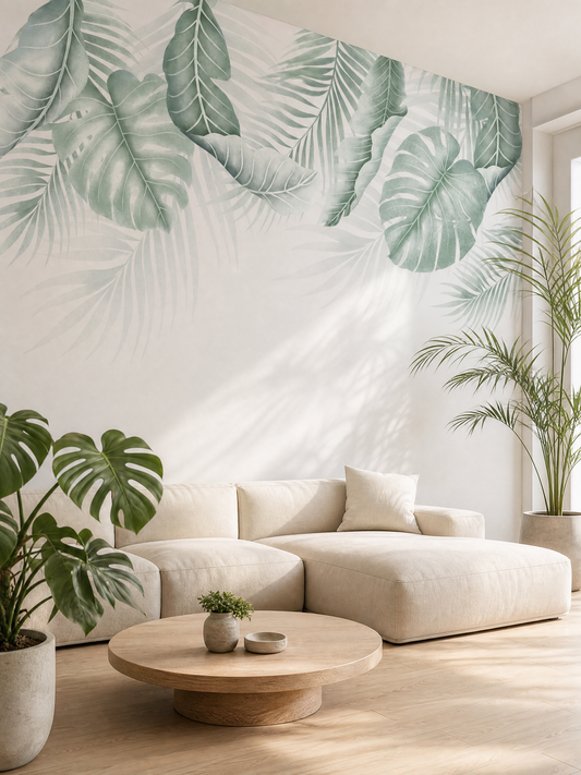 Papier peint feuillage palmier et monstera